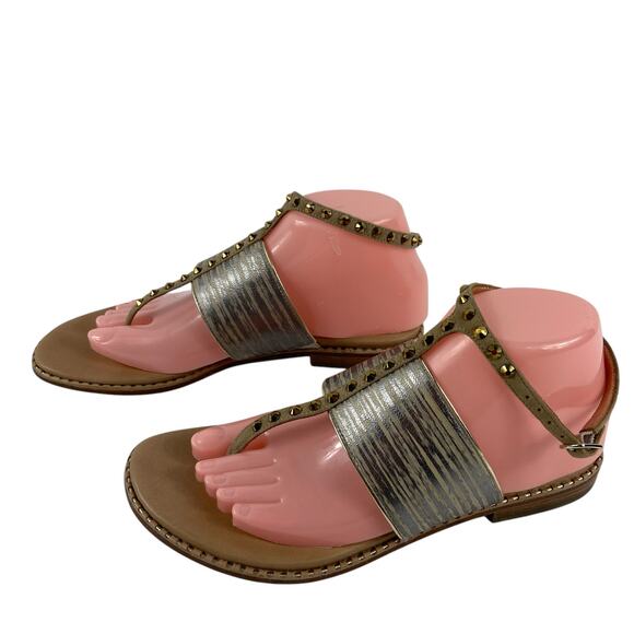 Donald J Pliner Silver Metallic Studded  Ankle Strap Flat Thong Sandals  8M - Picture 1 of 11
